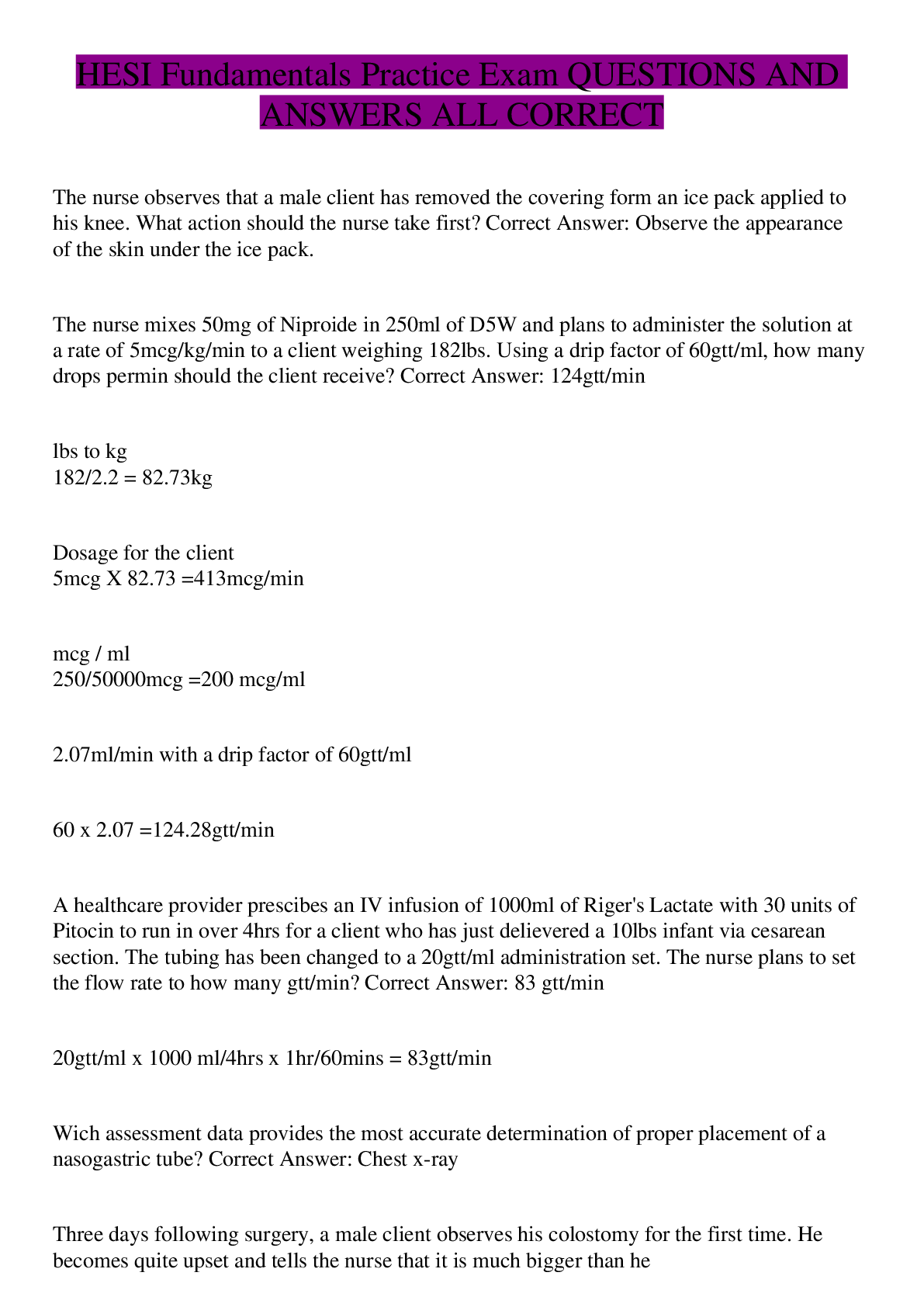 Preview image for HESI Fundamentals Practice Exam QUESTIONS AND ANSWERS ALL CORRECT